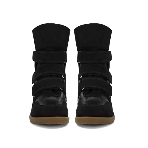 Image of Wedge Sneakers for Women Heels Suede Hook and Loop High Heel Tennis Round Toe Triple Strappy Band Casual Vintage Fashion Dressy Comfy Campus Trendy Retro Sneaker