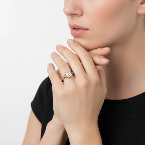 Image of Choose Your Gemstone Emerald Cut Petite Cathedral Diamond CZ Ring Yellow Gold Plated Emerald Shape Petite Engagement Rings for Women, Girls and Ladies US Size 4 to 12