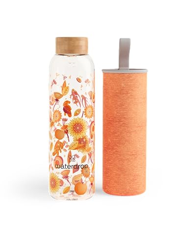 waterdrop Edition Glass Bottle 600ml leakproof | BPA free Water Bottle | Glass Water Bottle with Bamboo Lid and Neoprene Protection Sleeve, Glass Drinking Bottle | Sustainable Borosilicate Glass