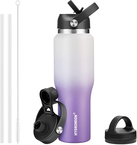 Image of 40 oz Insulated Water Bottle with Straw fit in Car Cup Holder(Cold 48 hrs, Hot 24 hrs) Drinking Bottle with Straw Lid, Spout Lid and Flex Cap Leakproof Travel Thermo Mug，White - Purple