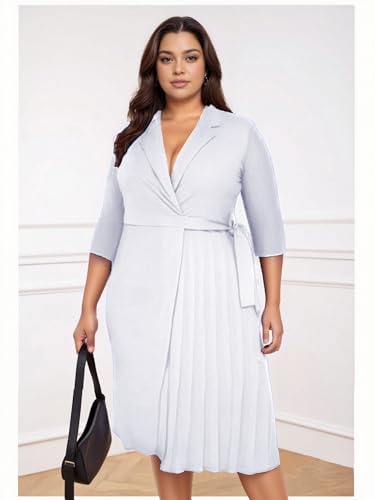 Women's Plus Size Pleated Midi Dress Comfortable Suit Collar 3/4 Sleeve Belted Casual Formal Work Church3