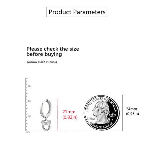 Small Mouse Dangle Hoop Earrings for Women Girls 925 Sterling Silver Cubic Zirconia Charm Animal Mice Huggie Sleeper Hoops Cartilage Hypoallergenic for Sensitive Ear Jewelry (Clear CZ)4