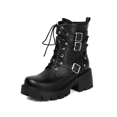 Image of FOREADA Goth Boots Chunky Heel Boot For Women Ankle Combat Booties Black Platform Bootie Buckle Rivets Punk Goth Shoes With Zipper