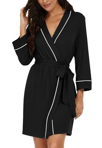 Image of PrinStory Womens Robe Knee Length Soft Knit Bathrobe S-2XL | V-Neck 3 /4 Sleeve Robes with Pockets, Lightweight, Breathable Bath Robe for Shower, Spa, Travel, Home, Party, Nursing