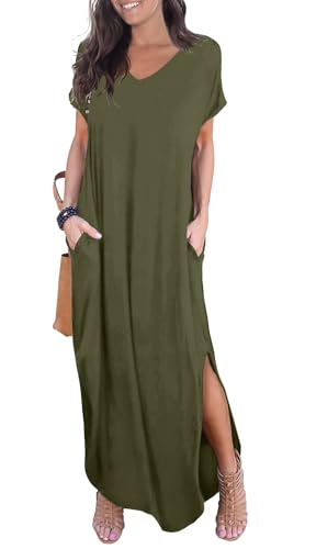 Image of GRECERELLE Women's Summer Maxi Dress Casual Loose V Neck Short Sleeve Side Split Long Dresses with Functional Pockets