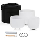 432HZ 7-11 Inch 3 Pcs White Frosted Crystal Singing Bowl Set for Meditation Healing Yoga Chakra Quartz Crystal Sound Bowls with Heavy Duty Carry Cases and Rubber Mallet,Suede Striker,O-rings