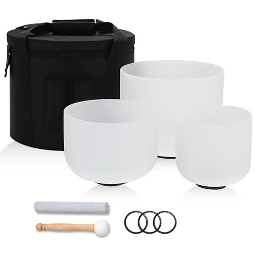 432HZ 7-11 Inch 3 Pcs White Frosted Crystal Singing Bowl Set for Meditation Healing Yoga Chakra Quartz Crystal Sound Bowls with Heavy Duty Carry Cases and Rubber Mallet,Suede Striker,O-rings
