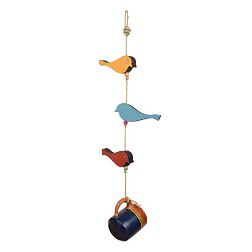 Image of Aakriti Art Creations Hanging Bird Feeder | Blue Teracotta Cup with Metal Bird Motifs | Decorative Outdoor & Indoor Bird Feeders, Garden Decor, Home Decor, Handcrafted Wind Chime, Feng Shui