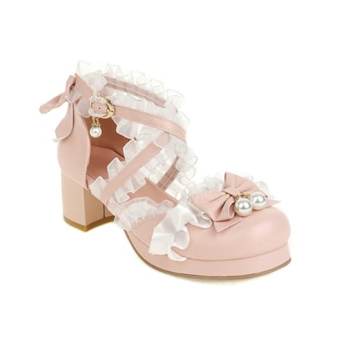 Women's Cross Ankle Strap Lolita Shoes Block Heel Platform Sandals Closed Round Toe Dress Shoes with Bow