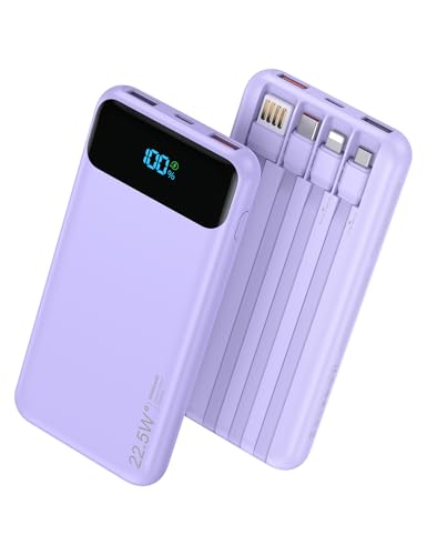 Nusyddy Portable Charger 10000mAh 22.5W w/4 Built-in Cables/6 Outputs Purp.
