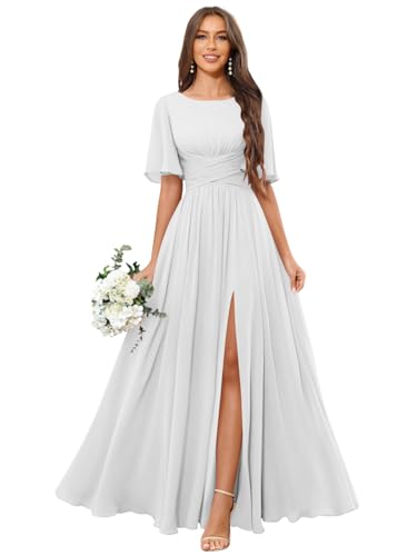 SOLODISH Chiffon Bridesmaid Dresses Long A Line Formal Evening Dresses with Sleeves Wedding Party Gown