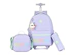 kingdisen Wheels Mochila infantil com rodinhas para bagagem primária, mochila escolar com lancheira, conjunto de 3 peças, Linda roxa, Large, Divertida e fofa
