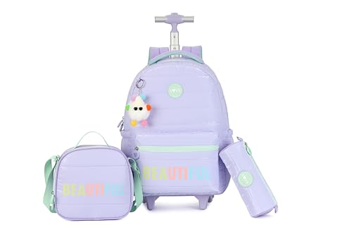 kingdisen Wheels Mochila infantil com rodinhas para bagagem primária, mochila escolar com lancheira, conjunto de 3 peças, Linda roxa, Large, Divertida e fofa