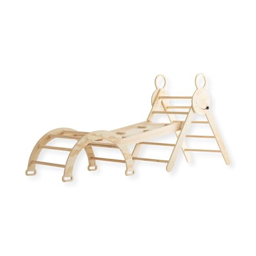 Buxibo Mini Parque de Escalada   Madera con Arco y Rampa con Tobogán   Gimnasio Montessori Interior 176x47x82 cm   Natural