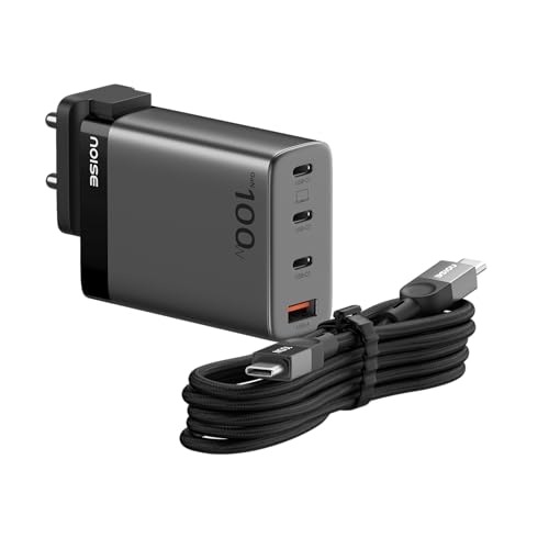 Image of Noise GaN Charger 100W + Type-C to Type-C 100W Braided Cable (1M): 4 Ports (3 USB-C Type, 1 USB-A), Super Fast Charging, Supports All iPhones, Android (Black)