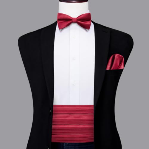 Image of Dubulle Mens Cummerbund and Bow Tie Set Paisley Floral Pretied Bowties for Men Pocket Square Cufflinks Wedding Business