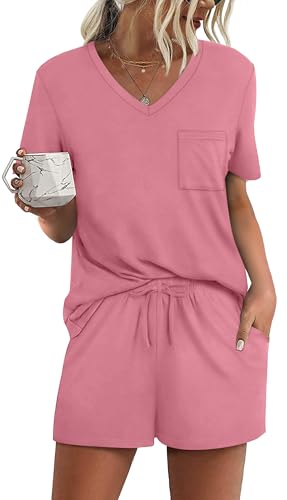Image of RUBZOOF Women's Short Sleeve Pajama Sets with Pockets Casual V Neck 2 Piece Lounge Sets S-3XL