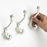 The Metal Magician Wall Mounted Antique Cast Iron Vintage Style Wall Hooks for Coats, Bags, Towels, Hats - (Set of 3) Distressed White