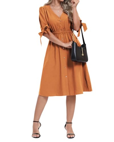 Image of Women Linen Rayon Blend Midi V Neck Button Front Elastic Waist Puff Sleeve Tie Casual Summer Dress