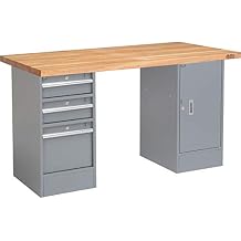 Global Industrial Pedestal Workbench with 3 Drawers & 1 Cabinet, 60" W x 30" D x 33-3/4"H, 1-3/4" Thick Maple Top with Square Edge, 4000 Lbs Capacity, Gray