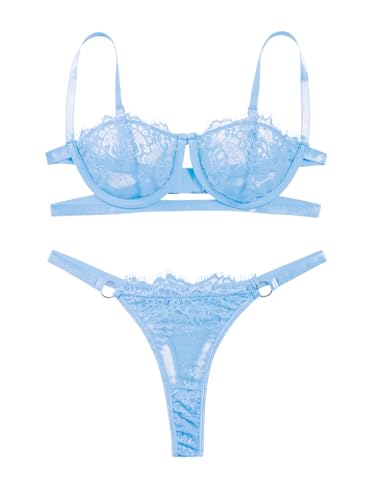 Lilosy Sexy Eyelash Underwire Floral Lace Sheer O Ring Linked Cutout Lingerie Set 2 Piece Women Push Up See Through Matching Bra Panty Underwear Light Blue Small
