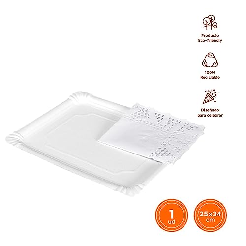 Miniatura 3 de Tradineur - Pack De 24 Bandejas Con Blonda Rectangular - Especial Para Fiestas O Celebraciones - Material Reciclable - 25 X 34 Cm - Color Blanco