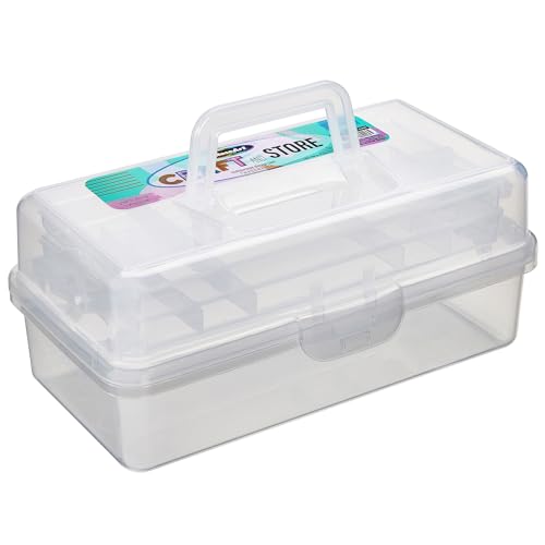 RoseArt Multi-Layer Plastic Dividing Craft Storage Box - Portable Handled Art Supply Organizer Utility Tool Medicine Craft Box Clear - Made in U.S.A