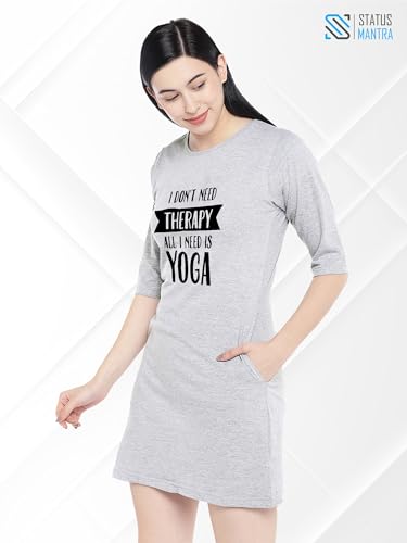 Image of STATUS MANTRA Women's Long T-Shirt Dress - Cotton Casual Knee Length Dress with 3 /4 Sleeves | Soft Bio-Washed Fabric, Crew Neck, Relaxed Fit | Comfy Summer Lounge Wear
