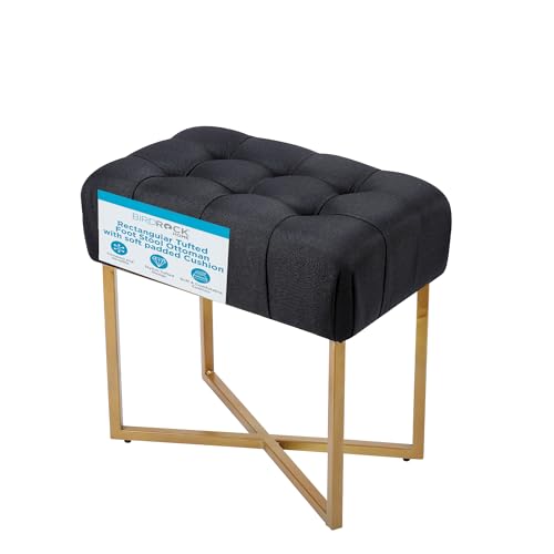 BIRDROCK HOME Rectangle Tufted Linen Ottoman Foot Rest - 19.7x11.82x17.73” Small Foot Stool with Legs - Padded Footrest Modern Ottomans for Living Room Furniture, Bedroom Footstool (Black)