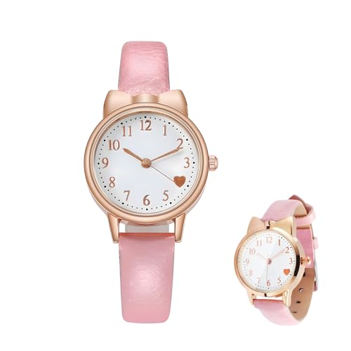 Reloj de pulsera para niñas, reloj analógico de cuarzo con caja rosa, esfera fácil de leer, bonito patrón de corazón y correa de cuero ajustable, elegante reloj para niños y adolescentes, rosa