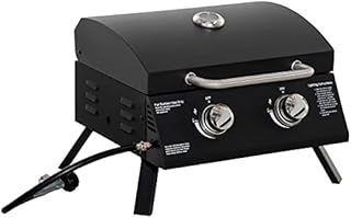 Outsunny 2 Burner Propane Gas Grill Outdoor Portable Tabletop BBQ with Foldable Legs, Lid, Thermometer for Camping, Picnic, Backyard, Black