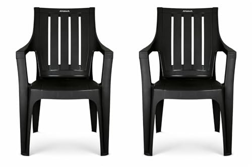 Ahlatech Heavy Duty Plastic Outdoor Chair Stackable Garden Chair with Armrest Weather Resistant Patio Chair for Garden Balcony Lawn Beach & Commercial Use Black (2)