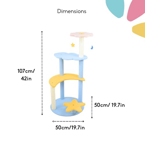 Image of Luna Cat Tree Star and Moon and Cloud with 4 Perches - Cute Multi-Level Cat Tower with Scratching Posts, Hanging Ball Toy - Colorful Cat Furniture for Indoor Cats, Kittens & Small Pets