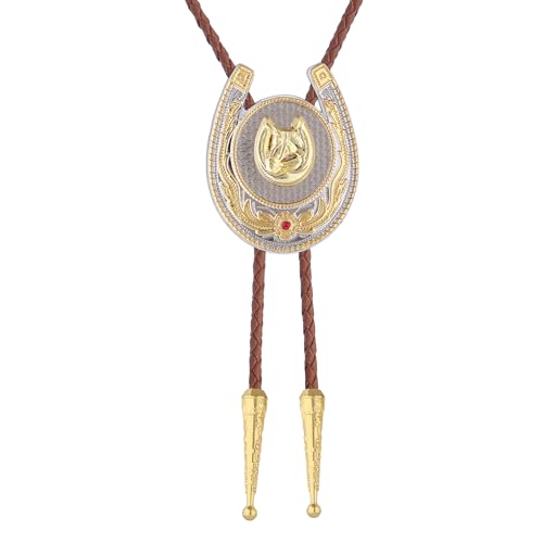 Image of Jeilwiy Bolo Tie for Men, Western Cowboy Golden Longhorn Bull Eagle Horse Cowboy Hat Bolo Necklace Leather Necktie for Women
