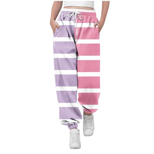 Girls Color Block Striped Sweatpants Athletic Drawstring Joggers Loose Cute Track Pants with Pockets for Kids 3-14 Years