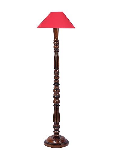 Image of Red Coolie Cotton Floor Lamp with Wooden Base - Height 53 Inches | Modern Standing Lamp for Living Room, Bedroom & Office | Stylish Home Decor Lighting & Decorative