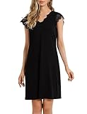 Clearlove Damen Nachthemd V-Ausschnitt Spitze Nachtkleid Kurz Sleepshirt Frauen Schwarz Flügelärmel Natchwasche Freizeitkleid XL
