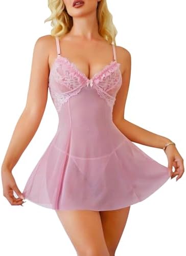 Tidouk Babydoll Lingerie Dress for Women - Strap Chemise & Boudoir Outfits - Sexy Lace Night Gowns Sleeveless V-Neck Sleepwear, Comfortable & Stretchy for Intimate Moments Pink