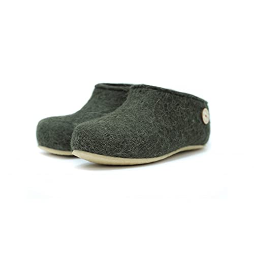 SNEGI Olive Green Wool Felt Handmade Slippers, Beige Rubber Sole, Unisex Hygge Comfortable Natural Shoes