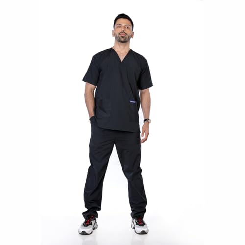 Medilinen Men's 9-Pocket Scrub Suit | Set of Top & Cargo | Half Sleeves | V-Neck | Breathable Polyviscose Fabric | Comfortable | Durable | Uniform for Doctors Nurse & Dentist BLK_XL
