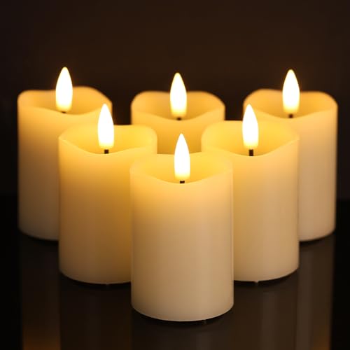 Image of Ivory Flameless Votive Candles with Timer Batteries Set of 6 | 2x3 inch Small Flickering LED Pillar Candles, Battery Powered, Real Wax Coating, Home Table Shelf Decor
