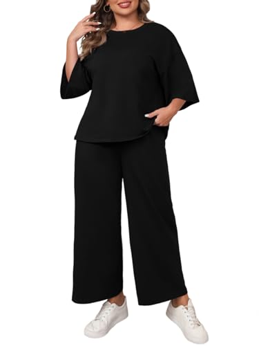 Beautife Womens Plus Size 2 Piece Outfits 3/4 Sleeve Tops and Wide Leg Pants Loungewear Pajamas Sets Black