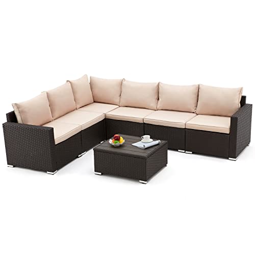 Avawing 7-Piece Patio Furniture Set, Outdoor Sectional Wicker Sofa Set With Cushions & Plastic Wood Coffee Table, All-Weather Deck Conversation Set For Garden Lawn Porch Backyard, Beige #TOP7