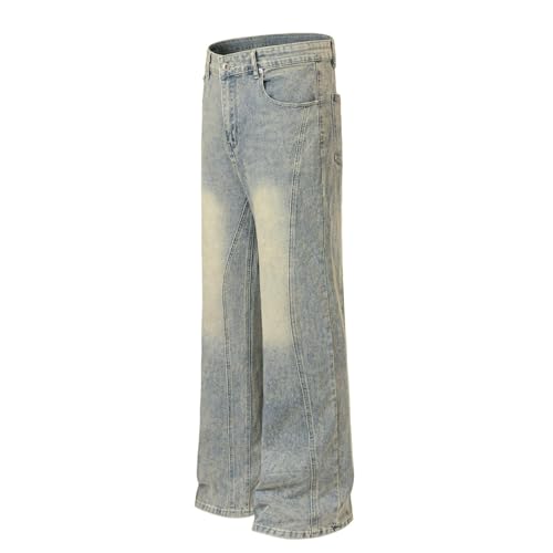 Jeans Pants Trousers Denim Retro Street Trendy Washed Blue Irregular Design Straight Commuter for Men4