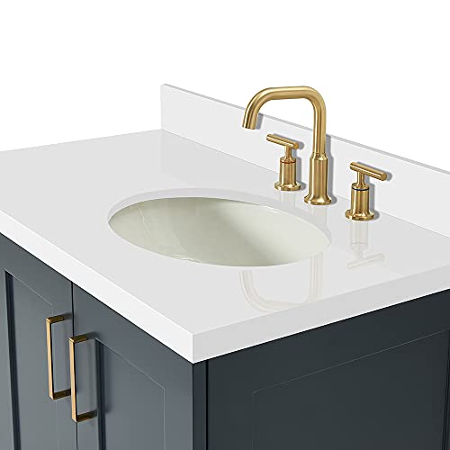Ariel 37" Midnight Blue Bathroom Vanity With 1.5" Edge Pure White Quartz Countertop & Backsplash, Right Oval Sink, 2 Soft Closing Doors, 5 Full Extension Dovetail Drawers, Toe Kick, Satin Brass #TOP21