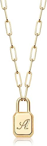 MTMY Lock Initial Necklaces,14K Gold Plated Adjustable Paperclip Chain Dainty Lock Necklace Personalized Engraved Letter Lock Pendant Necklace for Women Girls Jewelry Gifts A