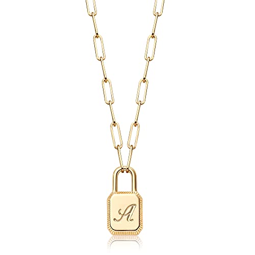 Mtmy Lock Initial Necklaces,14K Gold Plated Adjustable Paperclip Chain Dainty Lock Necklace Personalized Engraved Letter Lock Pendant Necklace For Women Girls Jewelry Gifts A #TOP7