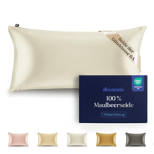 Dreamzie Seidenkissenbezug 100% Silk Pillowcase 22 Momme Güteklasse 6A - Oeko-Tex Zert. für Haar und Haut - 1 Stück - Weiß - 40 x 80 cm