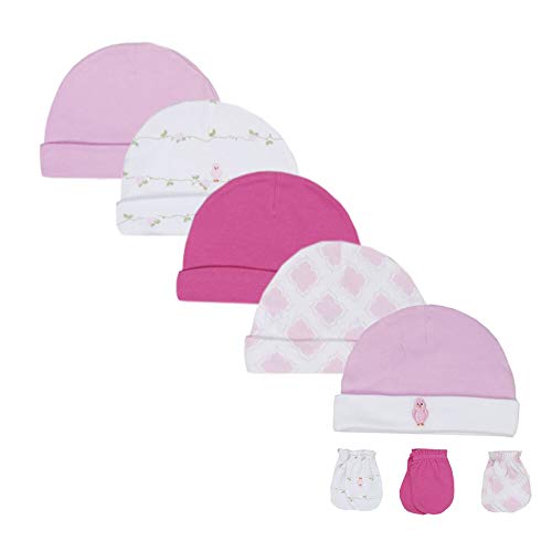 LACOFIA Conjunto de Sombreros y Manoplas para Bebé Niñas 100% Algodón Gorras y Guantes Anti-arañazos para Recién Nacido 8 PCS 0-6 Meses