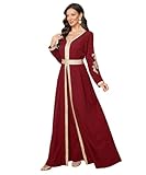 Elegant Muslim Dress with Embroidered Traditional Islamic Attire Maxi Robe Eid Prayer Gown(Red,Small)
